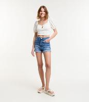 Short Hot Pants Cintura Alta em Jeans com Barra Dobrada - 1