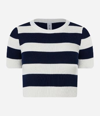 Blusa em Tricô com Listras Largas e Mangas Curtas