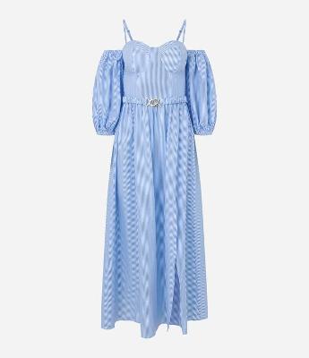 Vestido Midi em Tricoline com Decote Ombro a Ombro e Cinto