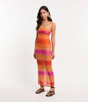 Saída de Praia Vestido Midi Sem Alças em Tule
