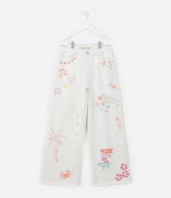 Calça Wide Leg em Sarja com Estampas Praia - Tam 5 a 14 Anos
