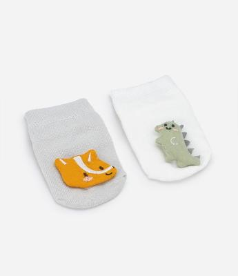 Kit 02 Meias Infantis com Bordado Dino e Raposa - Tam 0 a 12 meses