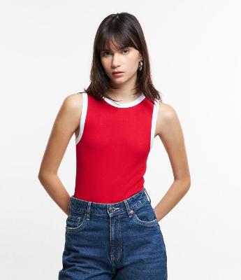 Body sem Manga em Poliamida Seamless e Detalhe Contrastante