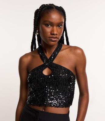 Blusa Cropped em Paetê Metalizado e Decote Cruzado