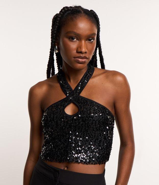 Blusa Cropped em Paetê Metalizado e Decote Cruzado - 1