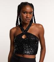 Blusa Cropped em Paetê Metalizado e Decote Cruzado - 1