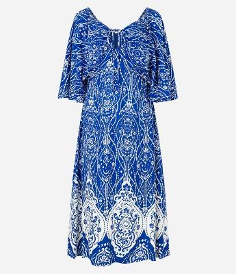 Vestido Midi em Viscose com Amarração no Decote e Estampa Arabescos