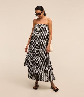 Vestido Tomara que Caia em Chiffon com Camadas e Estampa Geométrica