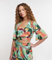 Blusa Cropped em Viscose e Linho com Estampa Folhagem - 1