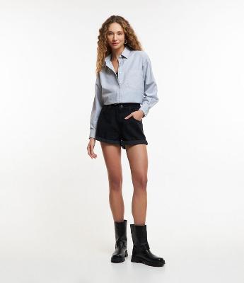 Short Baggy Cintura Alta em Jeans com Cós Duplo