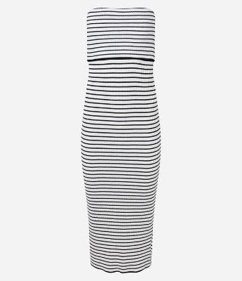 Vestido New Midi em Tricô Listrado e Pala Virada