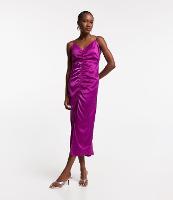 Vestido New Midi Acetinado com Franzidinho e Fenda Frontal - 1