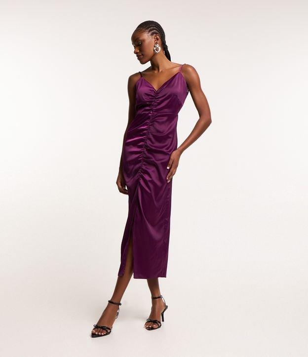 Vestido New Midi Acetinado com Franzidinho e Fenda Frontal - 1