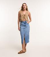 Saia Midi em Jeans com Recorte Assimétrico e Fenda - 1