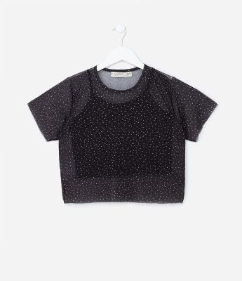 Camiseta Infantil com Sobreposição e Estampa Poá - Tam 5 a 14 Anos