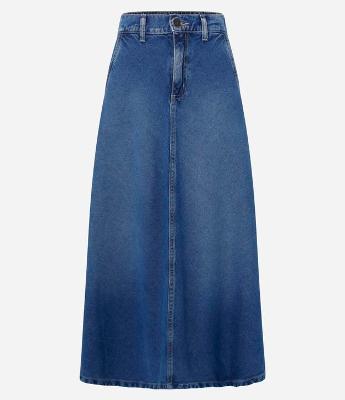 Saia Midi Evasê em Jeans com Recorte no VIés