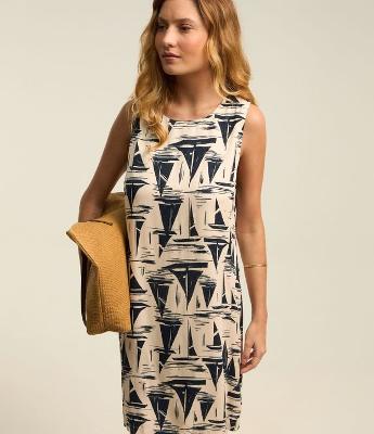 Vestido em Viscose com Estampa Barquinhos a Vela