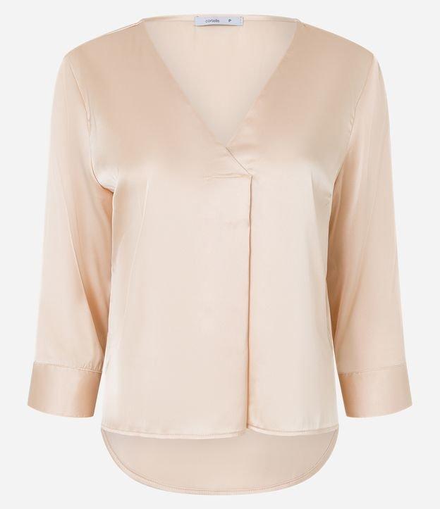Blusa em Tecido Acetinado com Decote V e Prega Frontal - 1