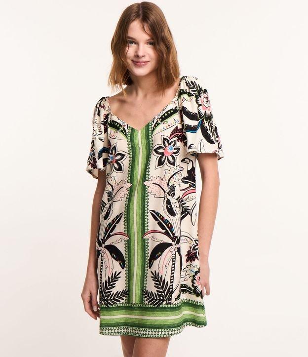 Vestido Curto em Viscose com Linho e Estampa Floral - 1