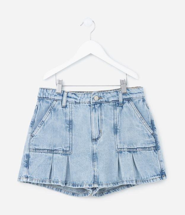 Short Saia Infantil em Jeans com Pregas e Bolsos - Tam 5 a 14 Anos - 1