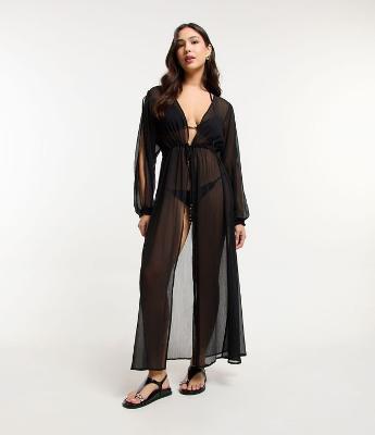 Saída de Praia Bata em Chiffon com Manga Bufante Vazada