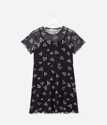 Vestido Infantil com Sobreposição em Tule e Estampa Corações - Tam 5 a 14 Anos