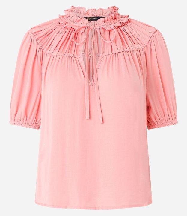 Blusa em Tecido Acetinado com Franzido na Pala e Frufru na Gola - 1