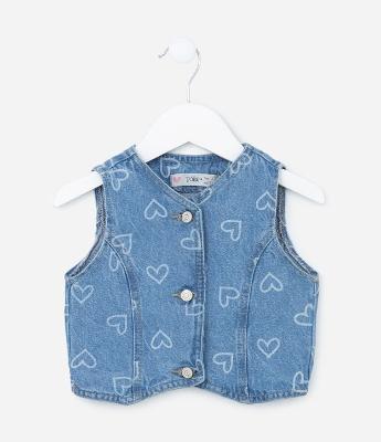 Colete Infantil em Jeans com Estampa de Corações - Tam 1 a 5 Anos