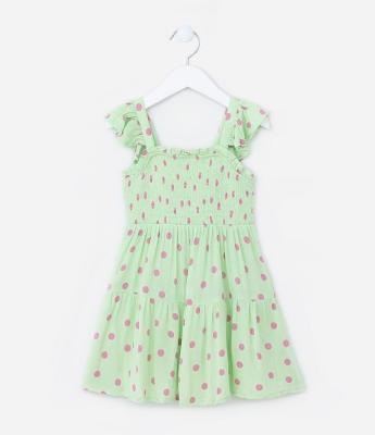 Vestido Infantil com Babadinhos e Estampa Poá - Tam 1 a 5 Anos