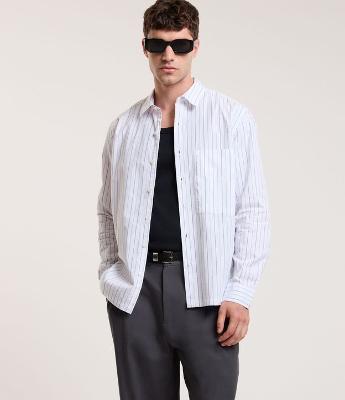 Camisa em Algodão com Listras e Bolso