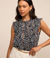 Camisa sem Manga em Chiffon com Babados e Estampa Abstrata - 1