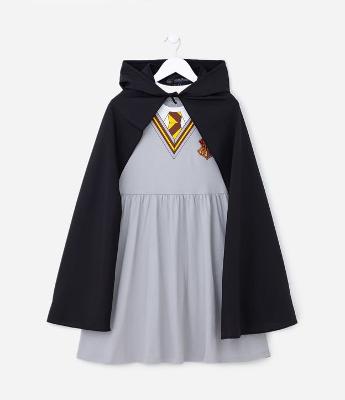 Vestido Infantil em Algodão Estampa Harry Potter com Capa - Tam 5 a 14 anos