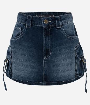 Mini Saia em Jeans Marmorizado com Bolso Cargo Afivelado
