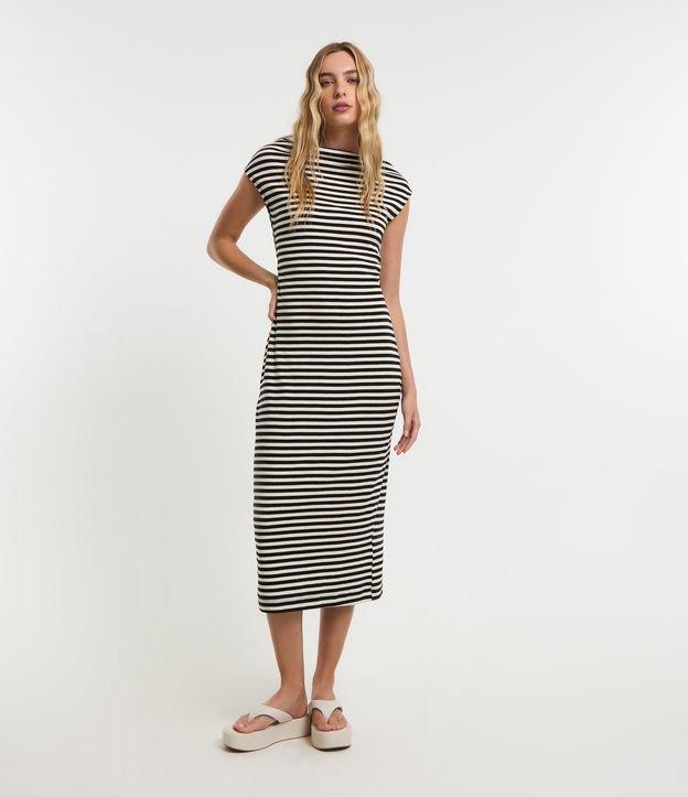 Vestido Midi em Ribana com Listras e Franzido Lateral - 3