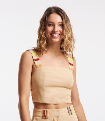 Blusa Cropped em Viscose e Linho com Miçangas Bordadas