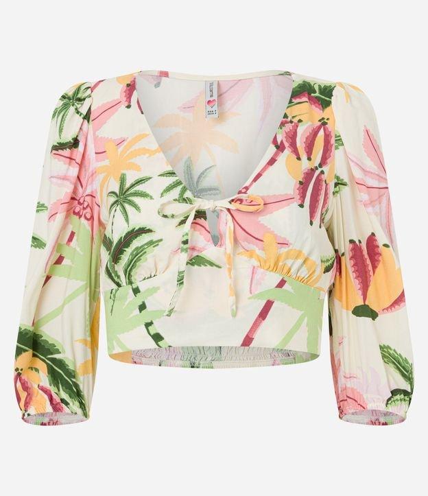 Blusa Cropped em Viscose com Manga 3/4 e Amarração no Busto - 1