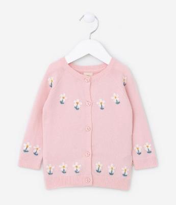 Cardigan Infantil em Tricô com Bordado de Florzinhas - Tam 0 a 18 meses