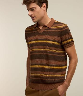 Camisa Polo com Textura e Listras Horizontais