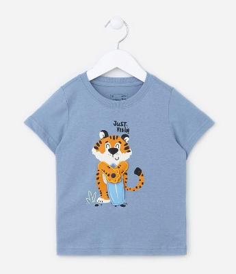Camiseta Infantil com Estampa Interativa de Tigre Surfista - Tam 1 a 5 anos