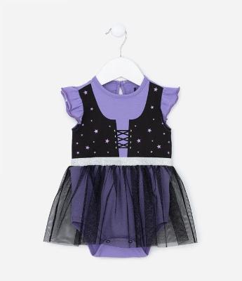 Vestido Body Infantil com Estampa Bruxinha com Saia de Tule - Tam 0 a 24 meses