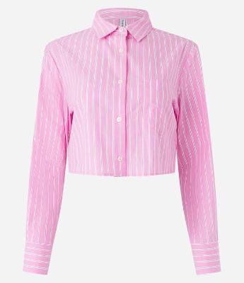 Camisa Cropped em Tricoline Listrado com Punho Largo