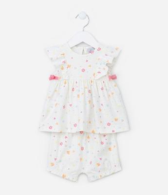 Conjunto Infantil com Babadinho e Estampa Floral - Tam 0 a 18 meses