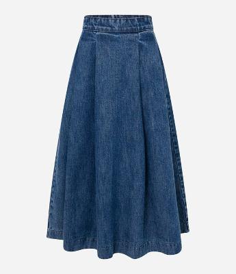 Saia Evasê Midi em Jeans Plissado