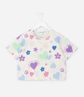 Camiseta Cropped Infantil com Estampa Corações - Tam 5 a 14 Anos