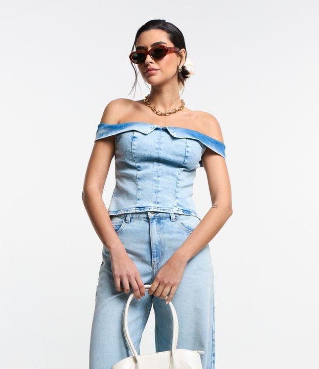 Blusa em Jeans Macio com Decote Ombro a Ombro Virado - 1