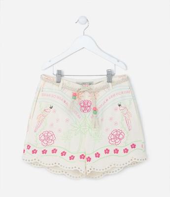 Short Infantil com Cinto e Estampa de Araras e Flores - Tam 5 a 14 Anos