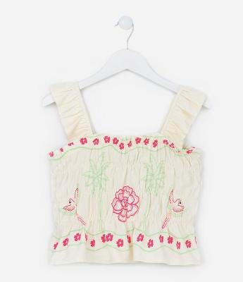 Blusa Cropped Infantil com Franzidos e Estampa de Araras e Flores - Tam 5 a 14 Anos