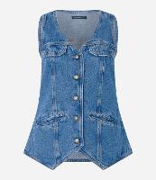 Colete Longo em Jeans com Botões e Barra Assimétrica - 1