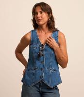 Colete Longo em Jeans com Botões e Barra Assimétrica - 2