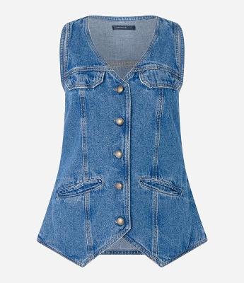 Colete Longo em Jeans com Botões e Barra Assimétrica